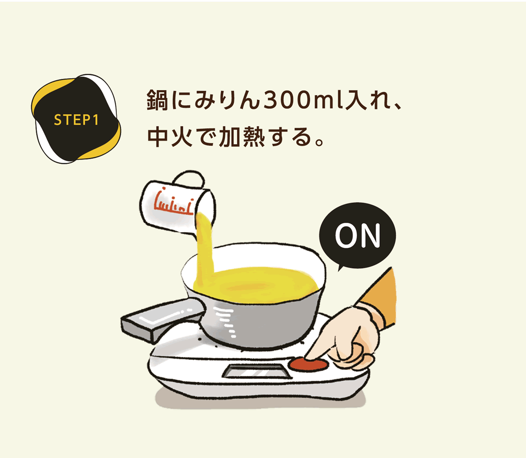 STEP1　鍋にみりん300ml入れ、中火で加熱する。