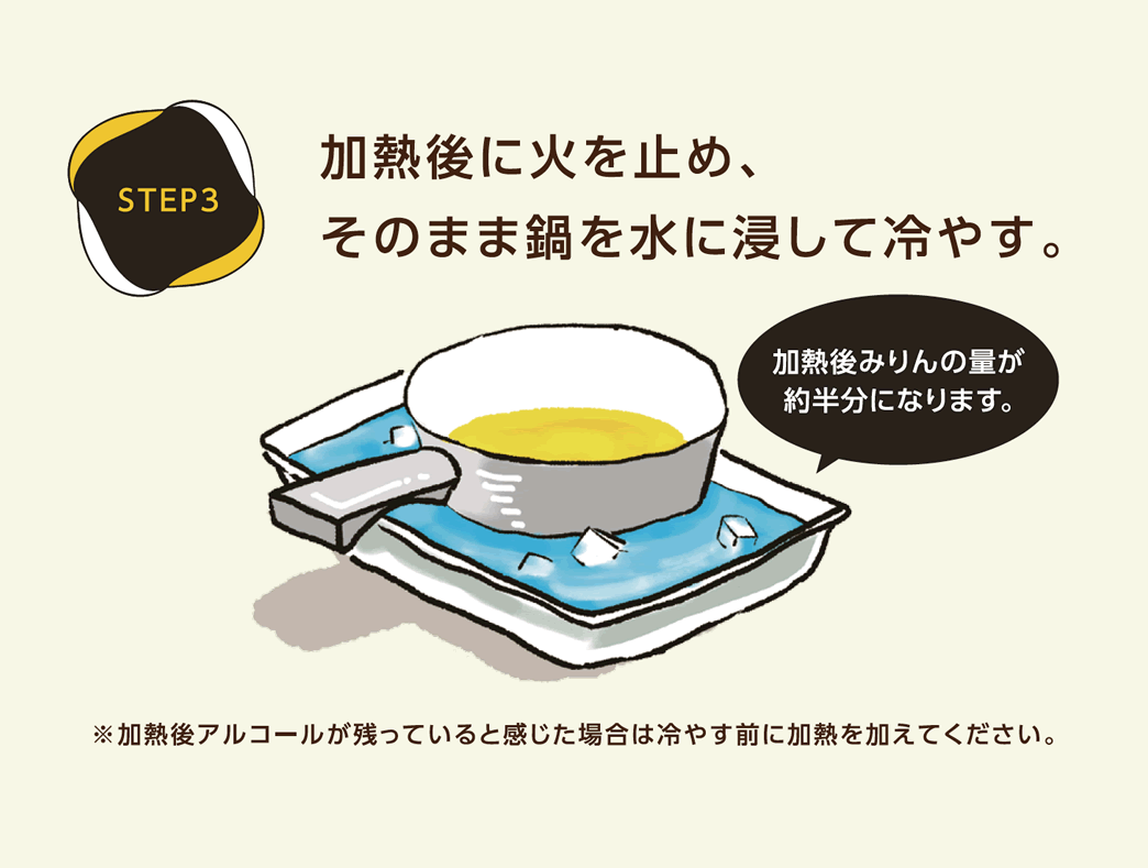 STEP3　加熱後に火を止め、そのまま鍋を水に浸して冷やす。加熱後みりんの量が約半分になります。