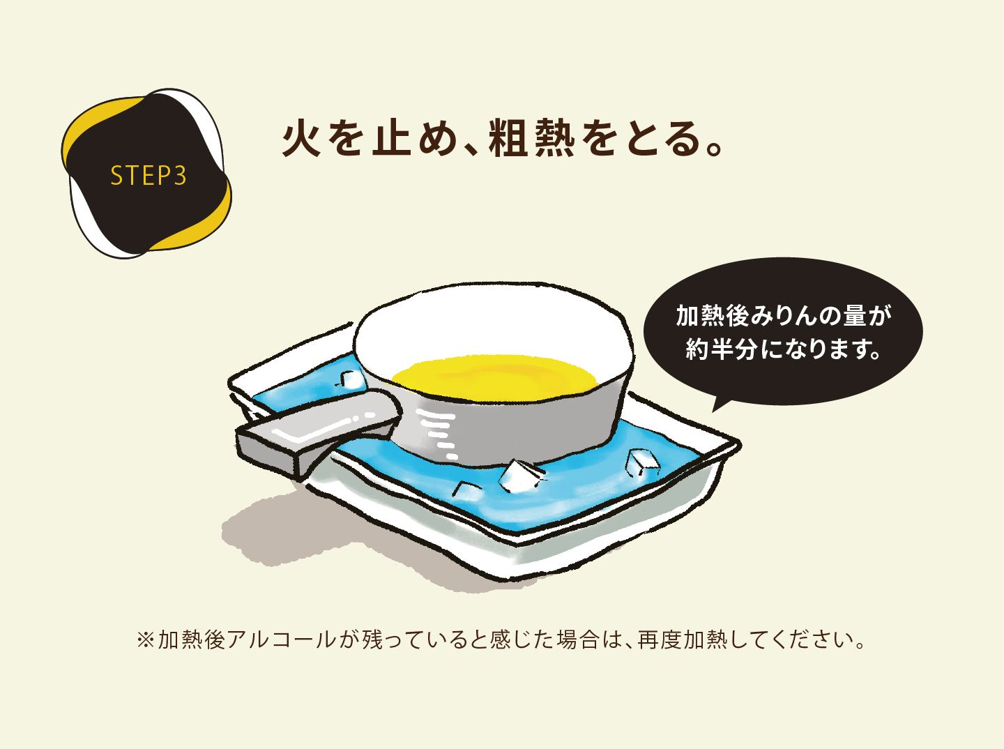 STEP3　加熱後に火を止め、そのまま鍋を水に浸して冷やす。加熱後みりんの量が約半分になります。